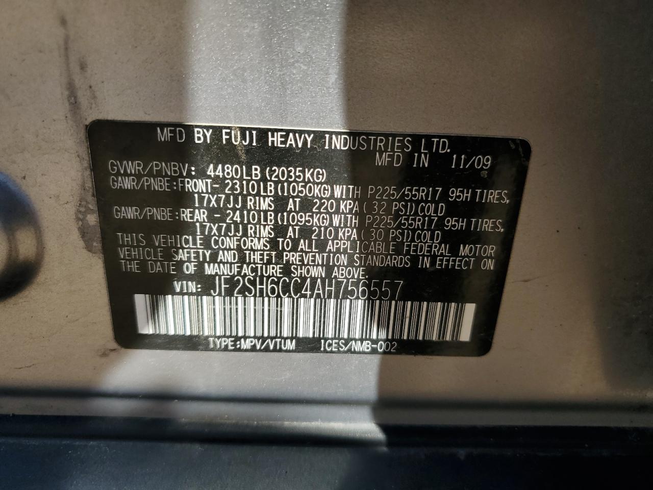 2010 Subaru Forester 2.5X Premium VIN: JF2SH6CC4AH756557 Lot: 68459444