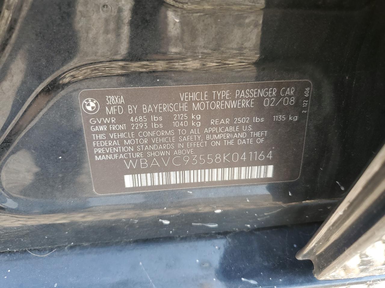 2008 BMW 328 Xi VIN: WBAVC93558K041164 Lot: 65953924