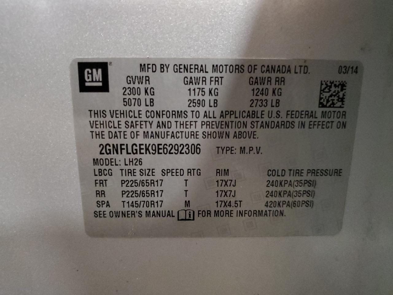 2GNFLGEK9E6292306 2014 Chevrolet Equinox Lt