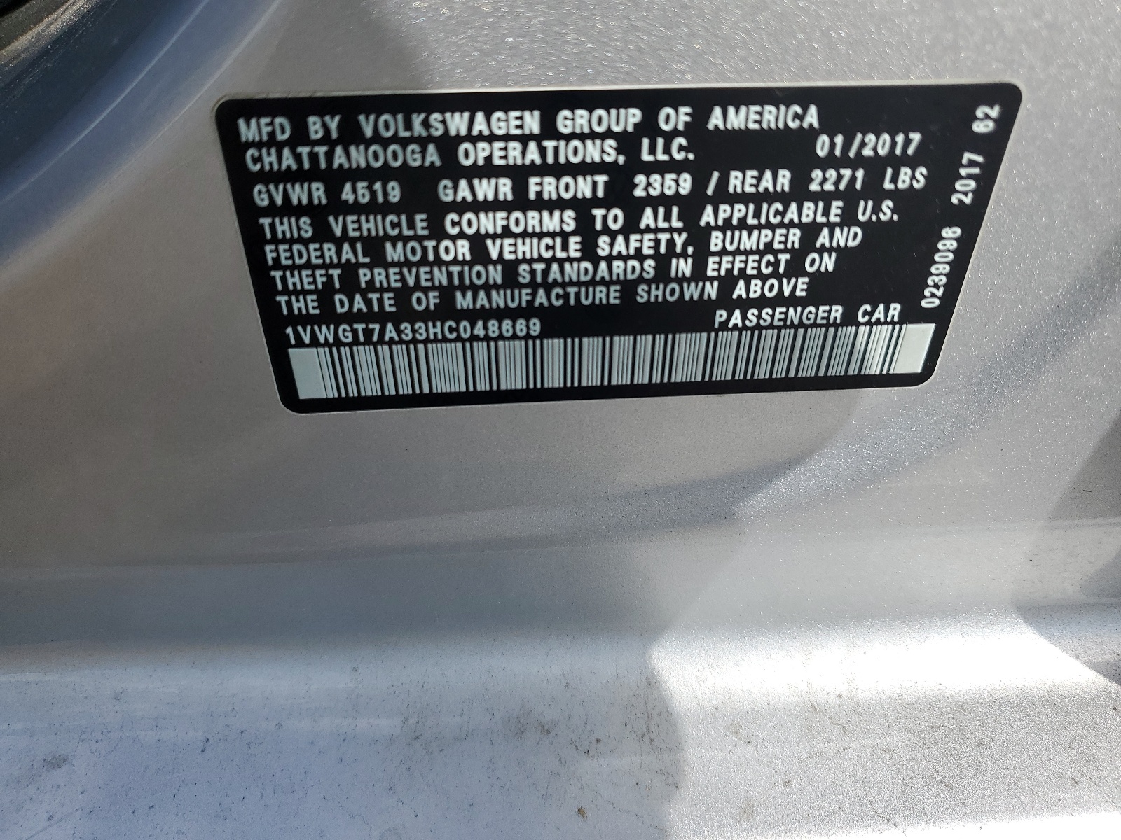 1VWGT7A33HC048669 2017 Volkswagen Passat Se