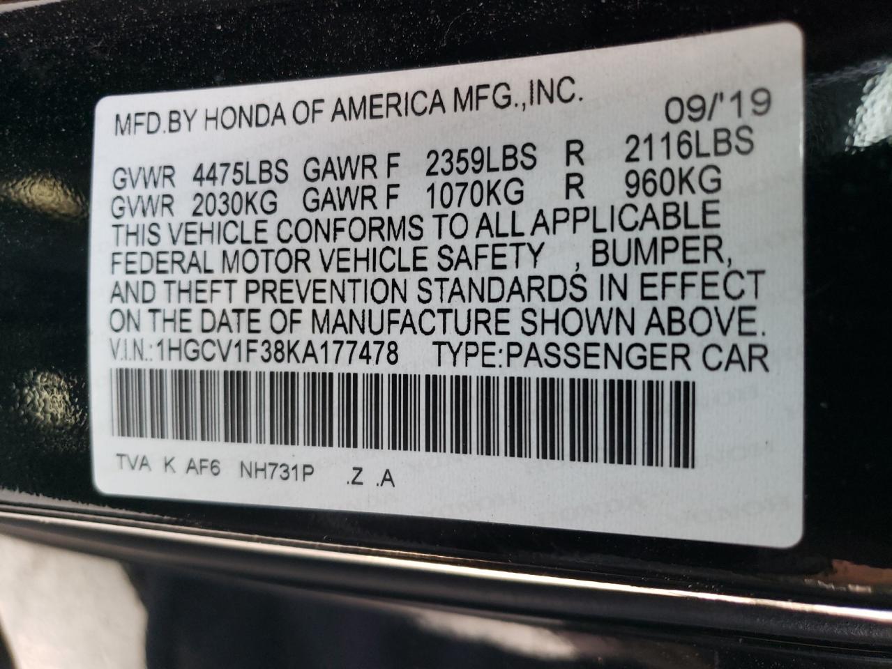 1HGCV1F38KA177478 2019 Honda Accord Sport