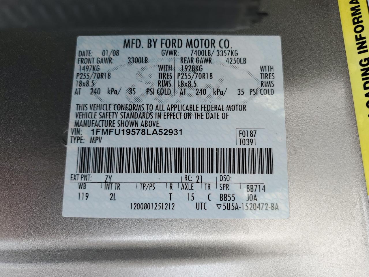 2008 Ford Expedition Limited VIN: 1FMFU19578LA52931 Lot: 65823294