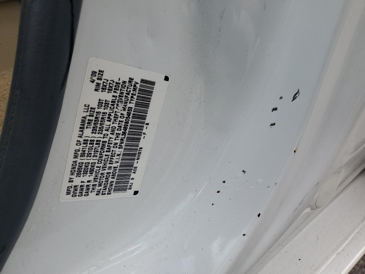 2009 Honda Odyssey Ex VIN: 5FNRL38489B054653 Lot: 65638504