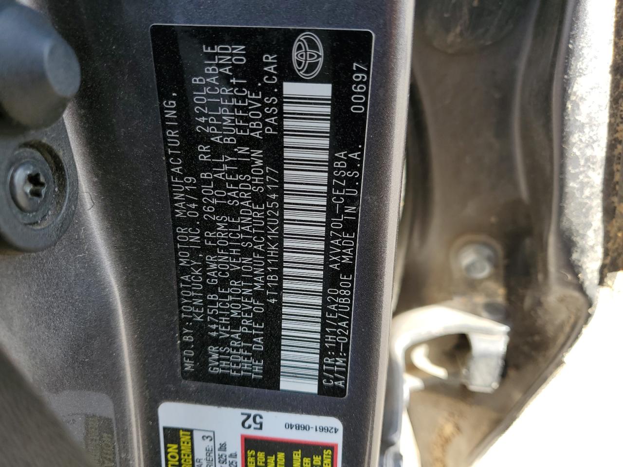 4T1B11HK1KU254177 2019 Toyota Camry L