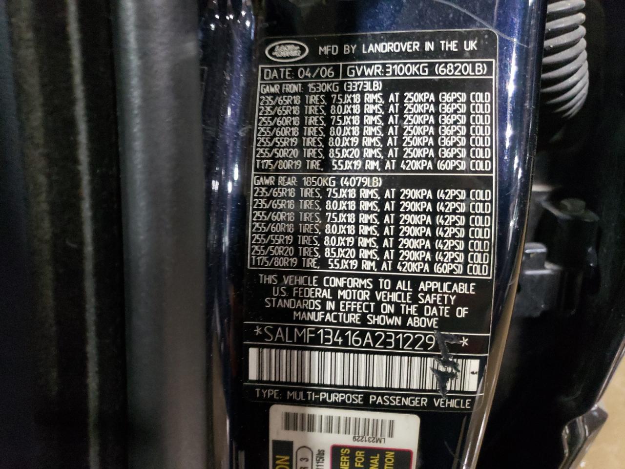 2006 Land Rover Range Rover Supercharged VIN: SALMF13416A231229 Lot: 66706644