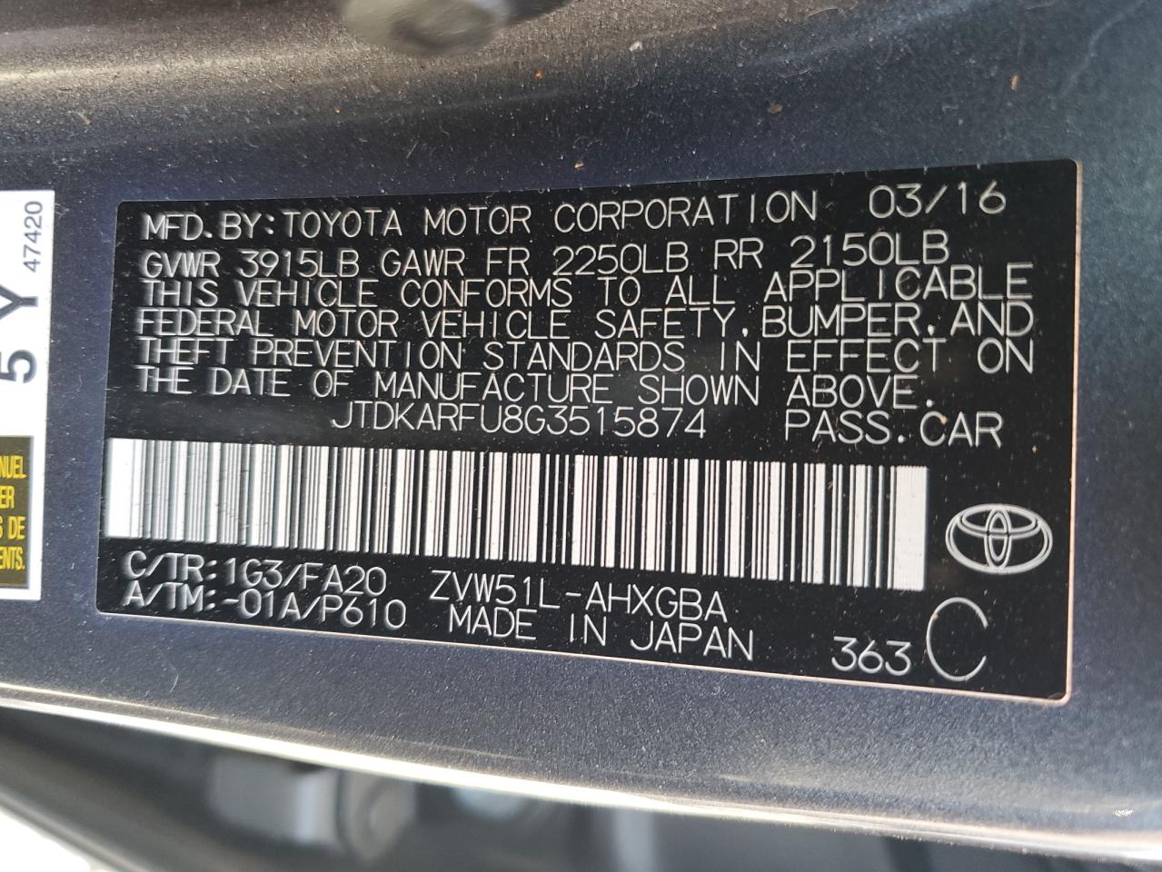 JTDKARFU8G3515874 2016 Toyota Prius