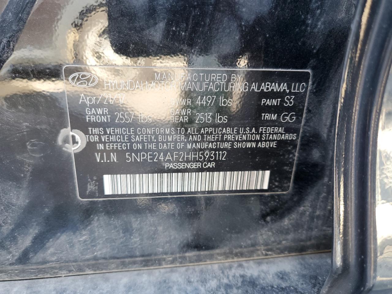 2017 Hyundai Sonata Se VIN: 5NPE24AF2HH593112 Lot: 69061224