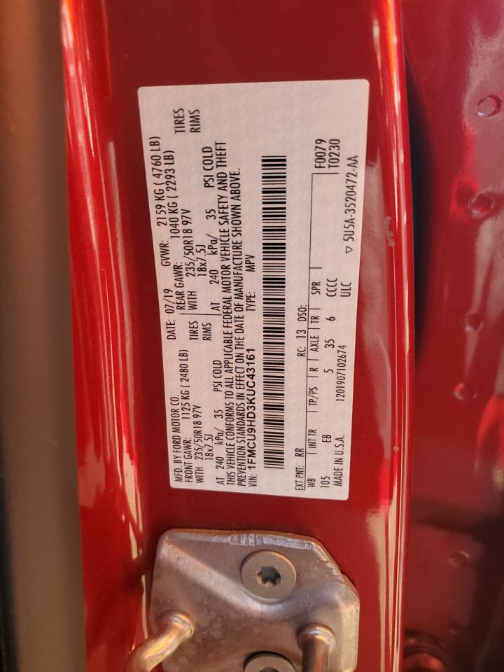 2019 Ford Escape Sel VIN: 1FMCU9HD3KUC43161 Lot: 67000994