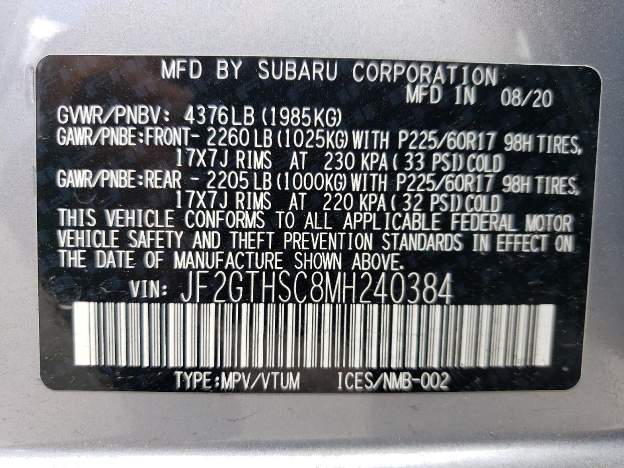 JF2GTHSC8MH240384 2021 Subaru Crosstrek Sport