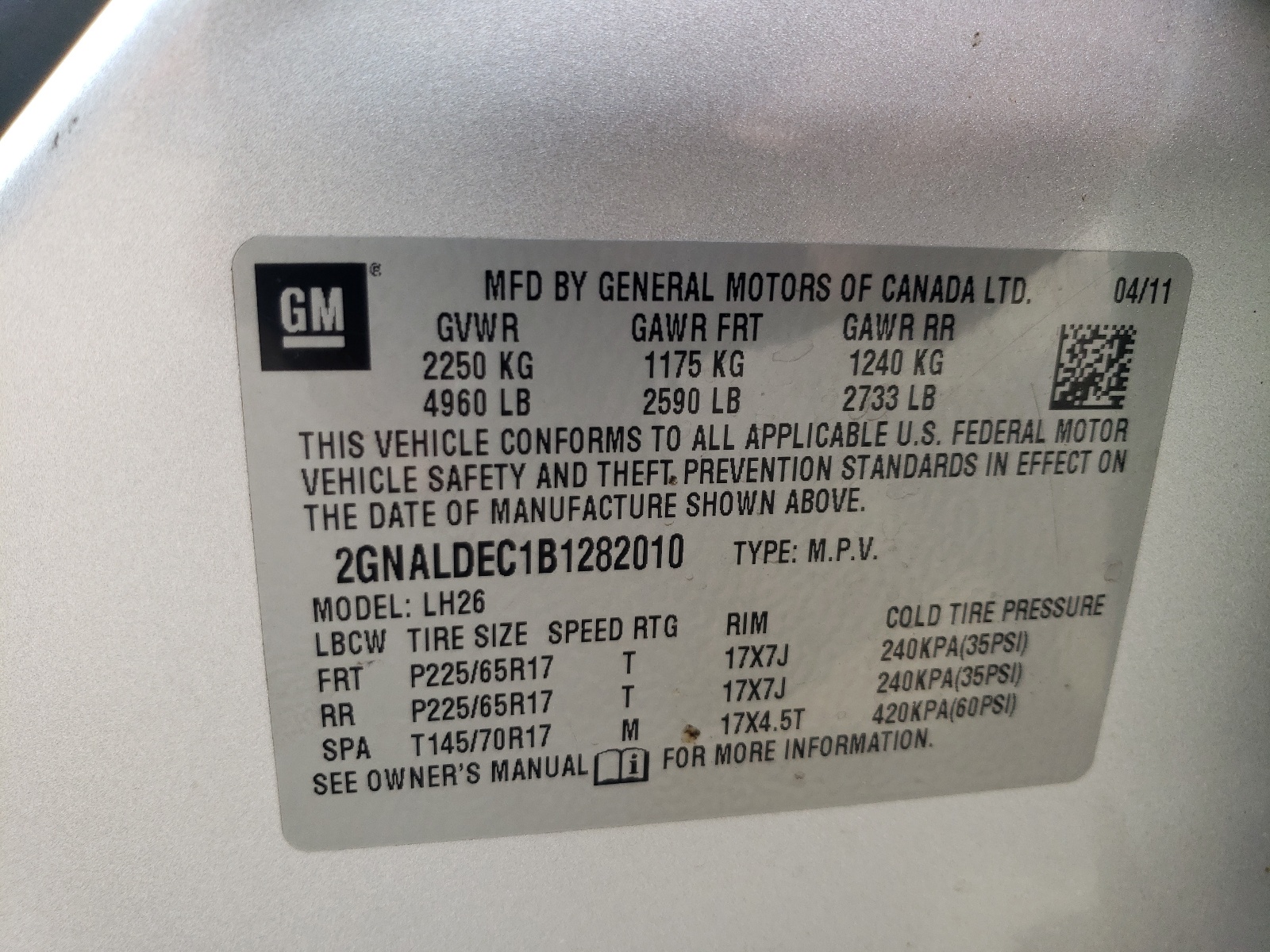 2GNALDEC1B1282010 2011 Chevrolet Equinox Lt