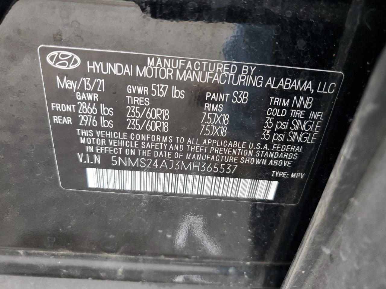 5NMS24AJ3MH365537 2021 Hyundai Santa Fe Sel