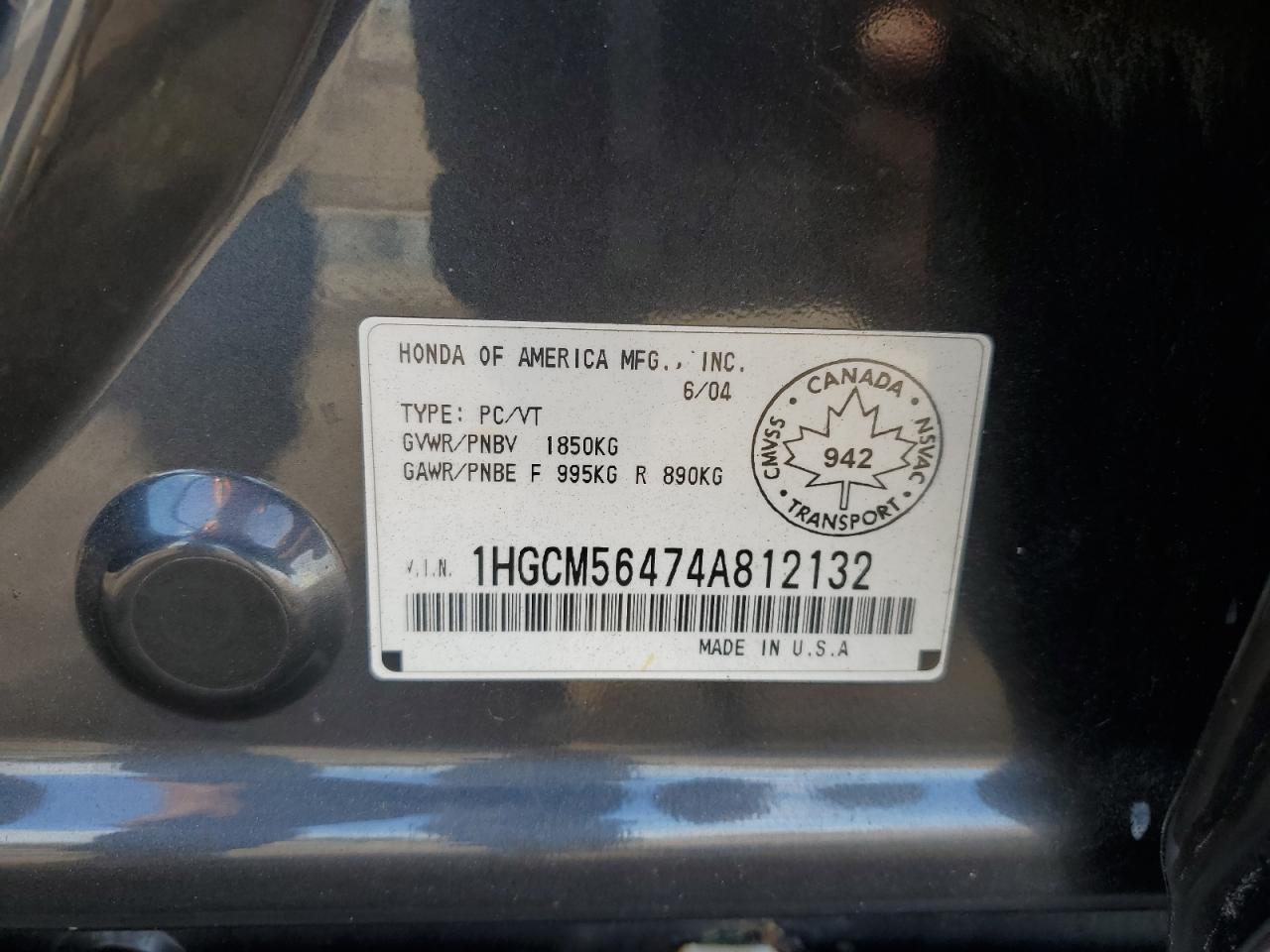 2004 Honda Accord Lx VIN: 1HGCM56474A812132 Lot: 66016244