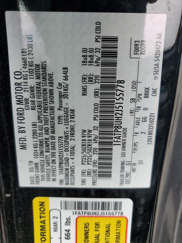 2018 Ford Mustang VIN: 1FATP8UH2J5155778 Lot: 66266684