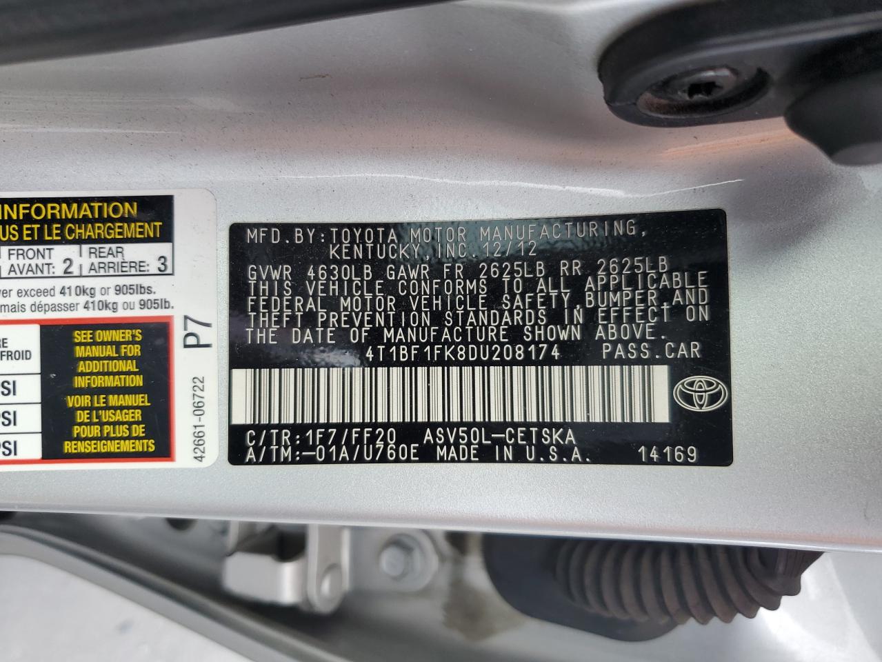 4T1BF1FK8DU208174 2013 Toyota Camry L