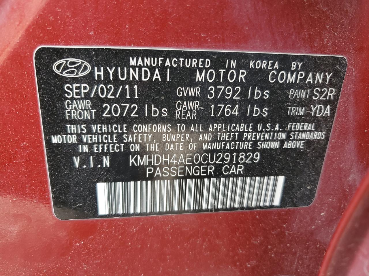 2012 Hyundai Elantra Gls VIN: KMHDH4AE0CU291829 Lot: 66031824