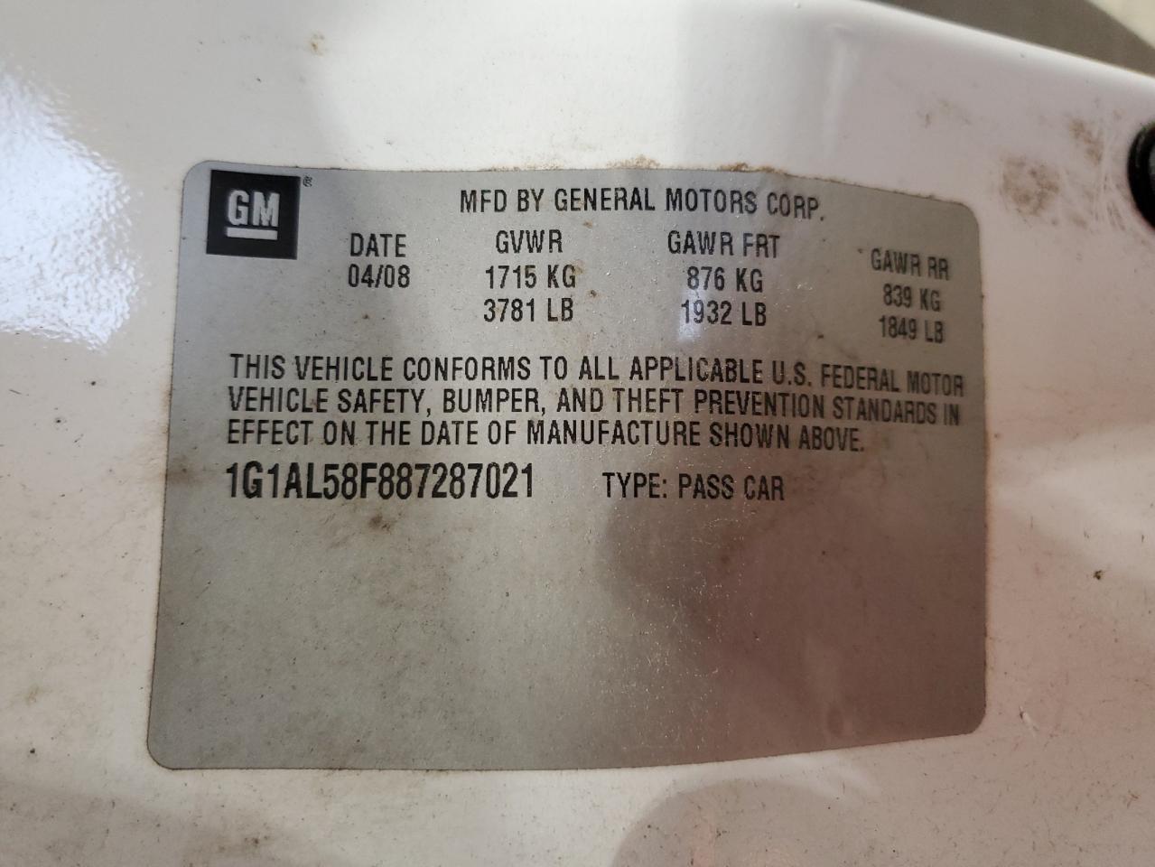2008 Chevrolet Cobalt Lt VIN: 1G1AL58F887287021 Lot: 65620274