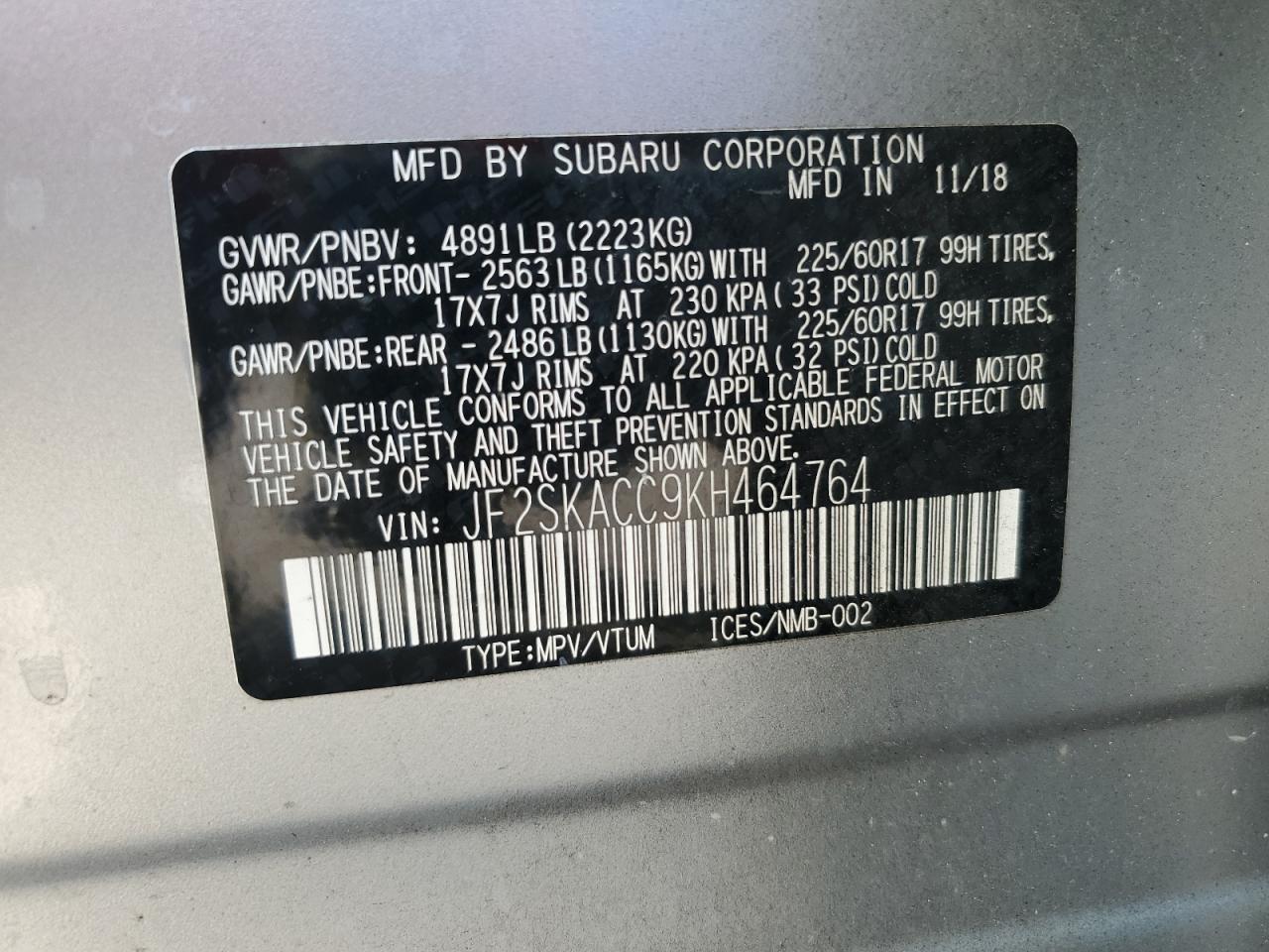 JF2SKACC9KH464764 2019 Subaru Forester