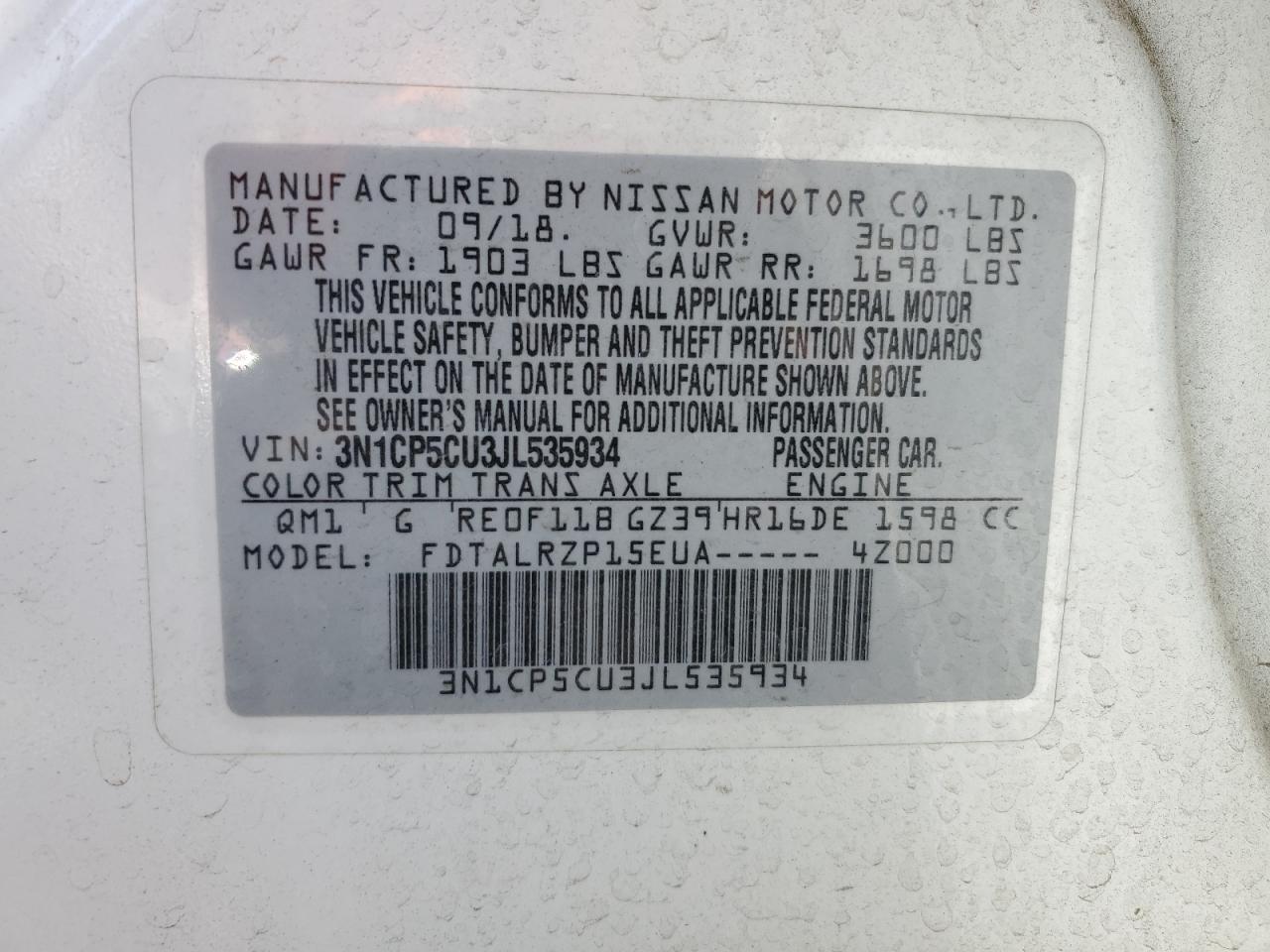 3N1CP5CU3JL535934 2018 Nissan Kicks S