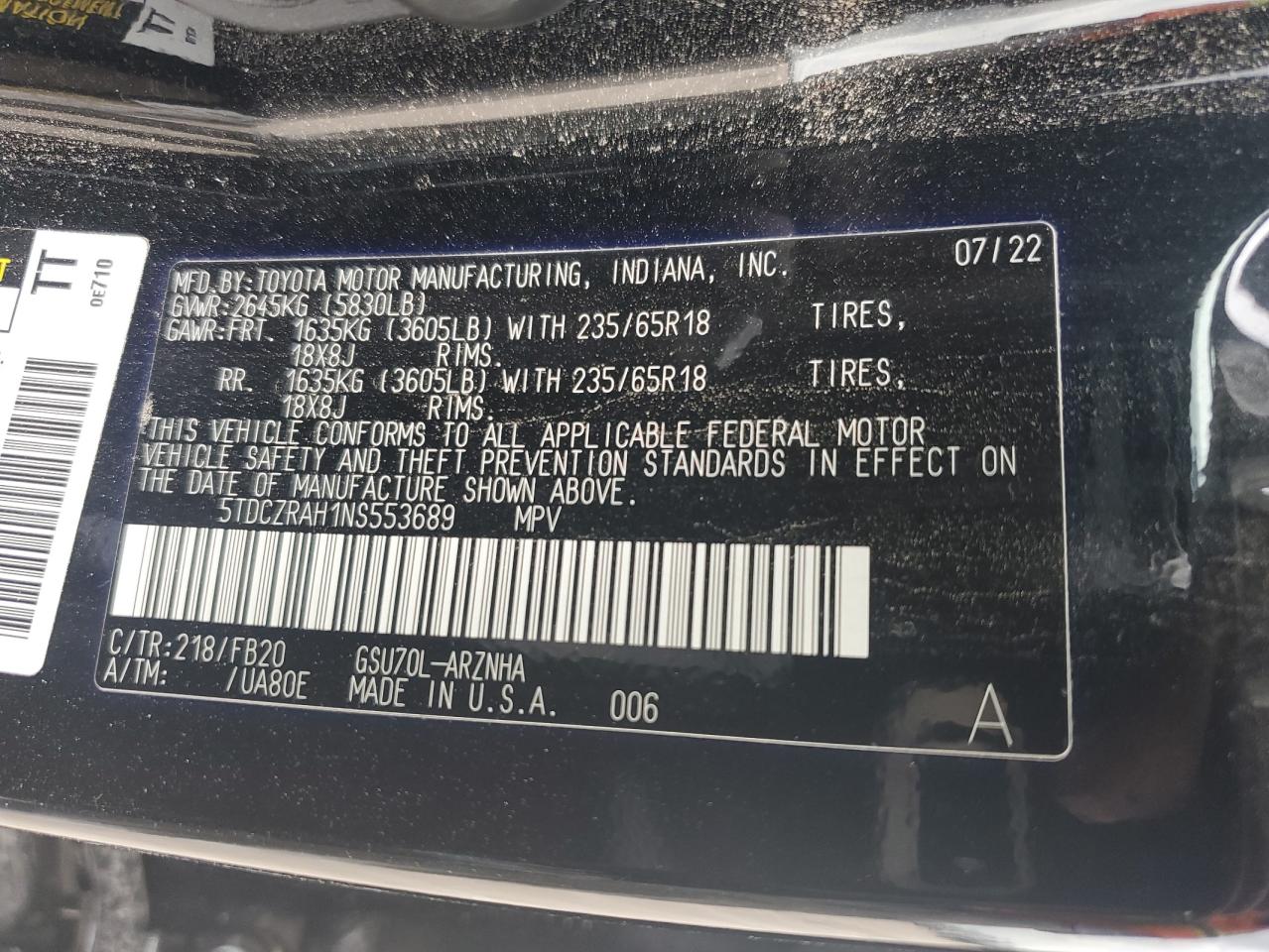 2022 Toyota Highlander L VIN: 5TDCZRAH1NS553689 Lot: 67671884