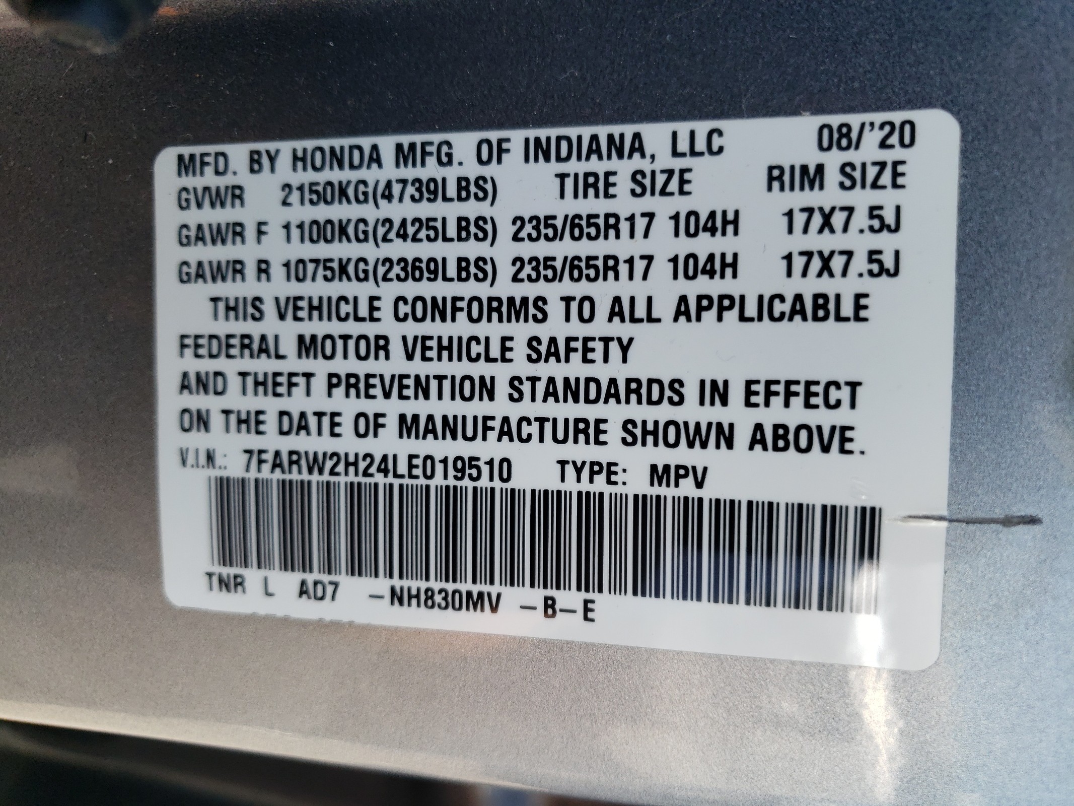 7FARW2H24LE019510 2020 Honda Cr-V Lx