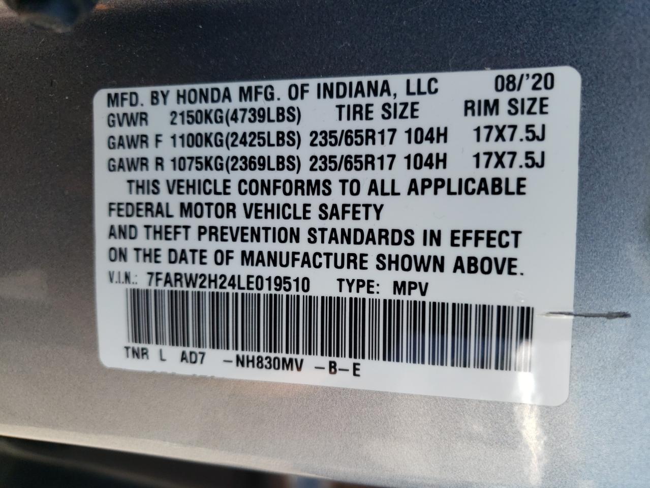 2020 Honda Cr-V Lx VIN: 7FARW2H24LE019510 Lot: 68723514