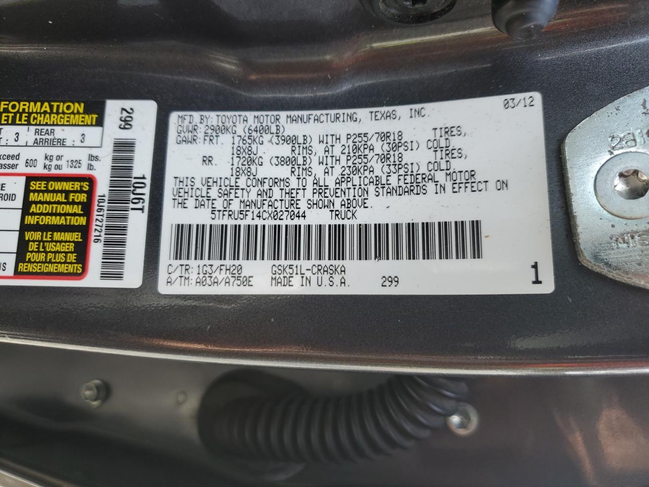 5TFRU5F14CX027044 2012 Toyota Tundra Double Cab Sr5