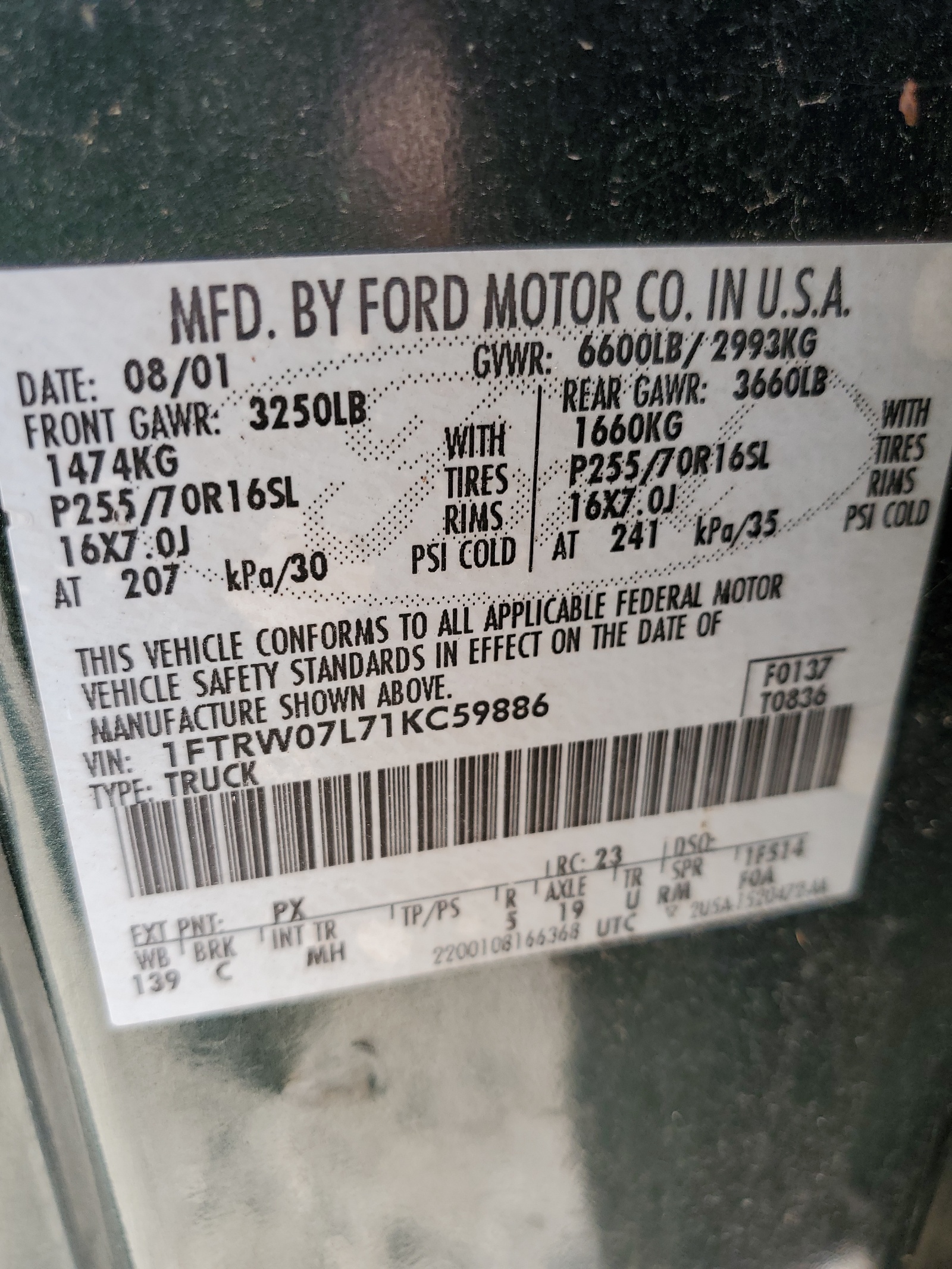 1FTRW07L71KC59886 2001 Ford F150 Supercrew