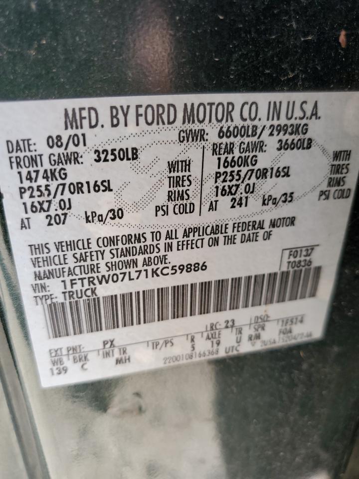 2001 Ford F150 Supercrew VIN: 1FTRW07L71KC59886 Lot: 65895914