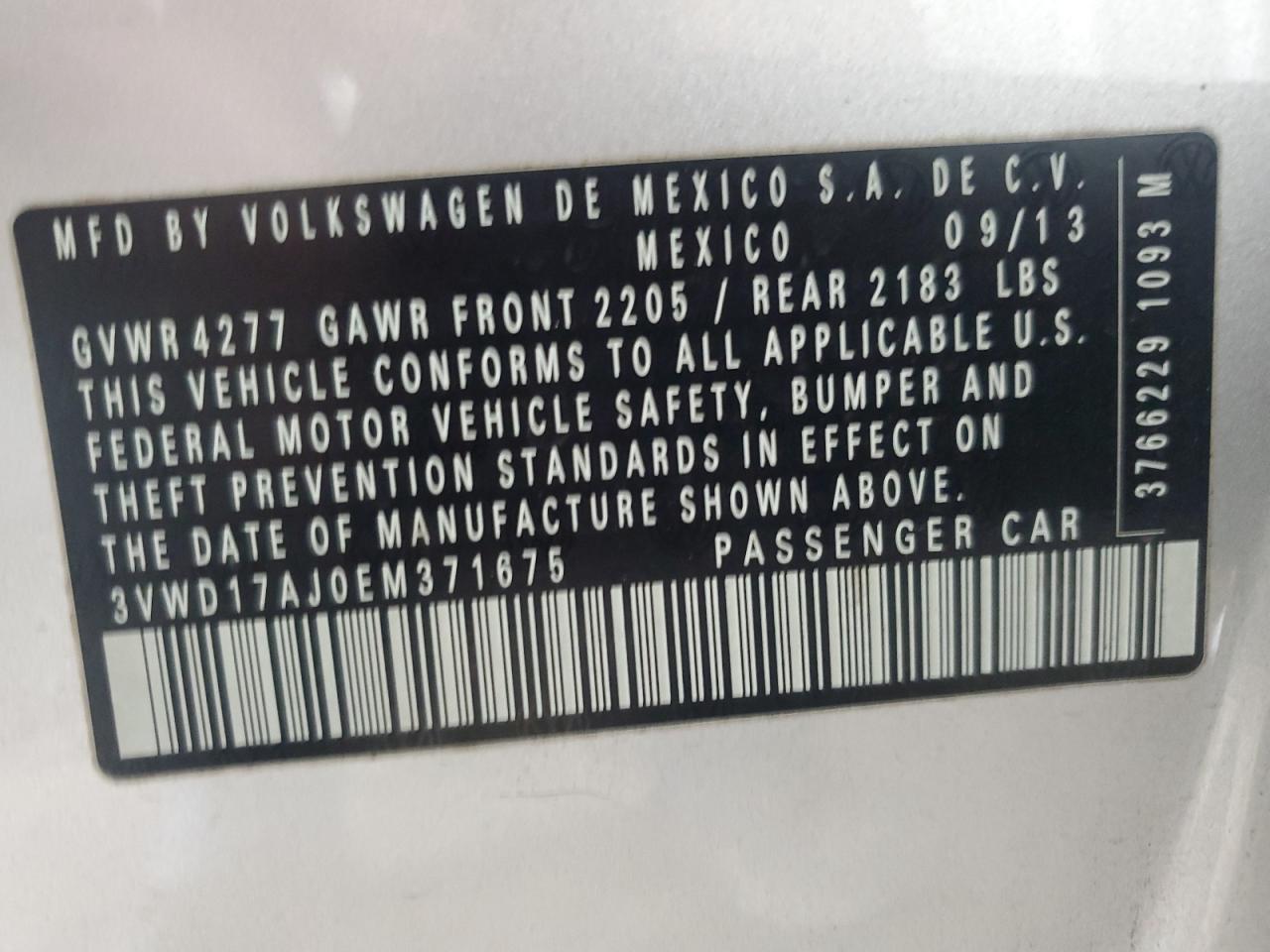 2014 Volkswagen Jetta Se VIN: 3VWD17AJ0EM371675 Lot: 66980664