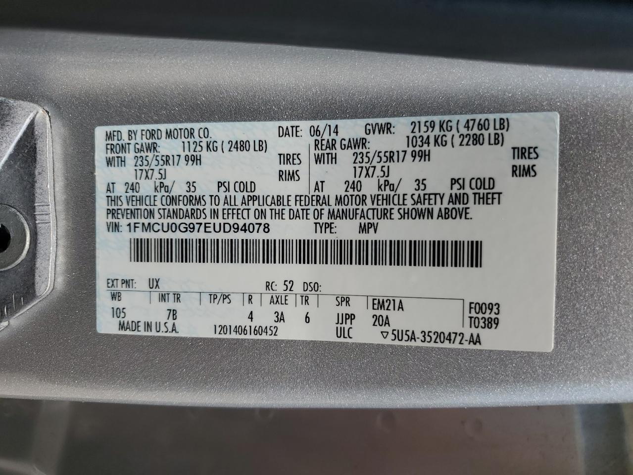 1FMCU0G97EUD94078 2014 Ford Escape Se