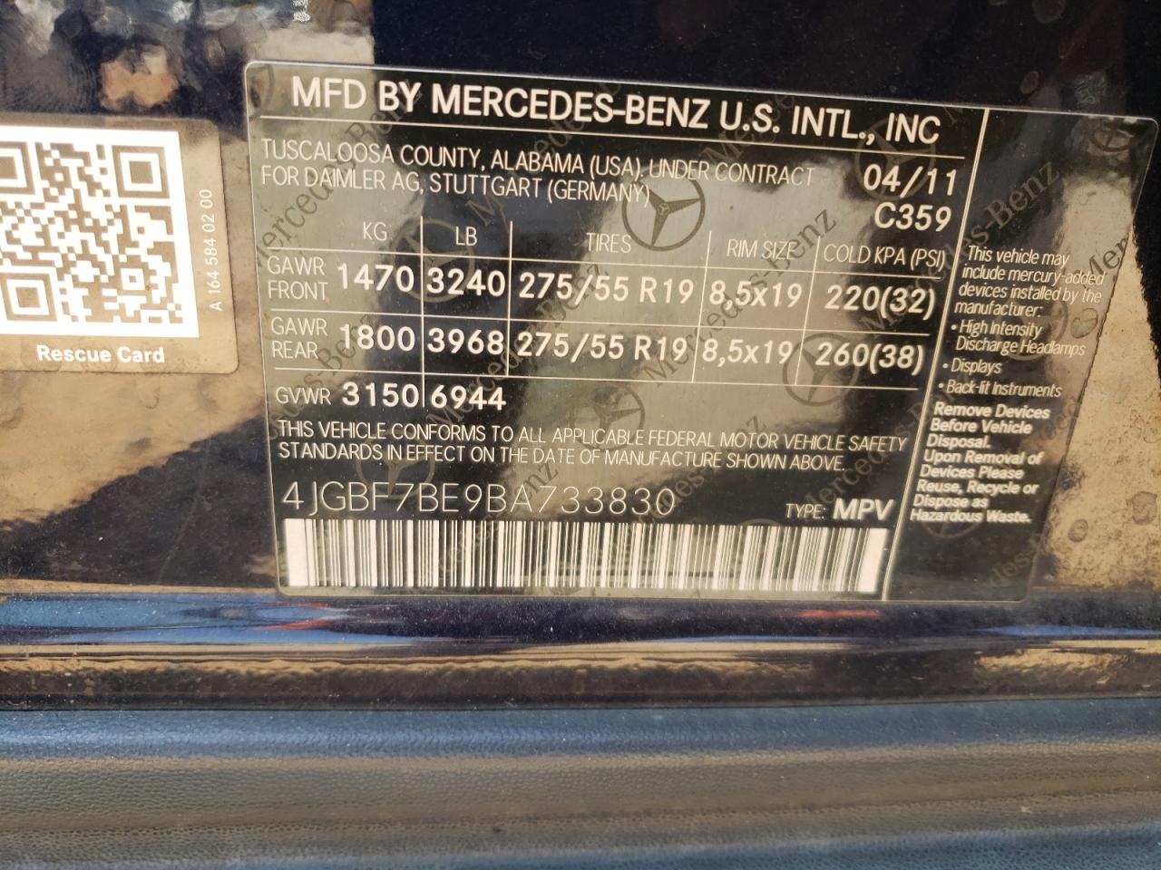 4JGBF7BE9BA733830 2011 Mercedes-Benz Gl 450 4Matic