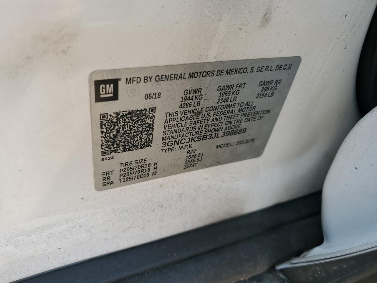 2018 Chevrolet Trax Ls VIN: 3GNCJKSB3JL398689 Lot: 65231014