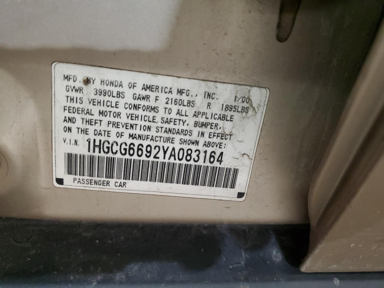 2000 Honda Accord Se VIN: 1HGCG6692YA083164 Lot: 68621964