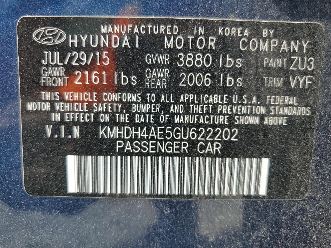 2016 Hyundai Elantra Se VIN: KMHDH4AE5GU622202 Lot: 66587974