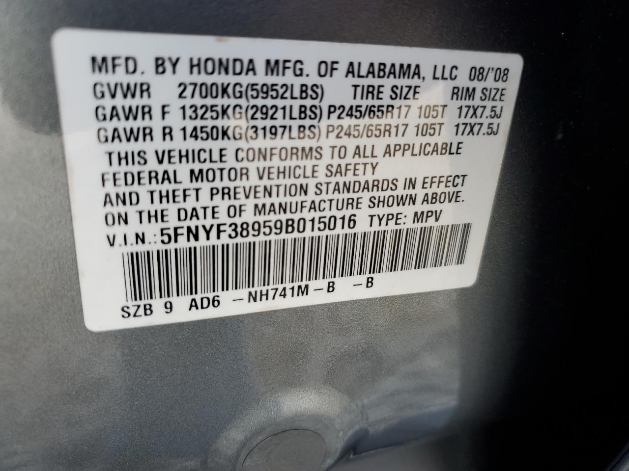 2009 Honda Pilot Touring VIN: 5FNYF38959B015016 Lot: 67480144