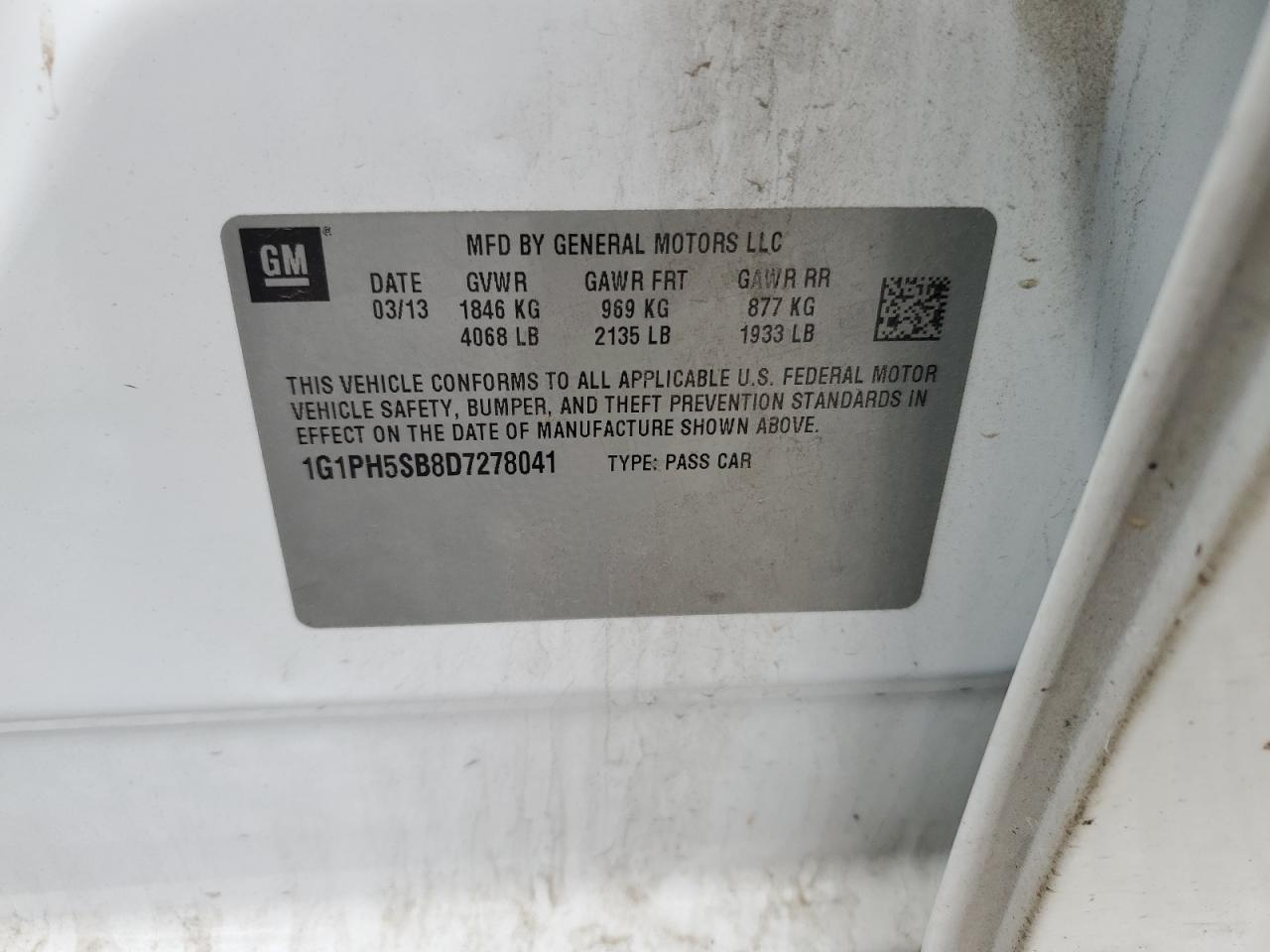 2013 Chevrolet Cruze Eco VIN: 1G1PH5SB8D7278041 Lot: 66127854