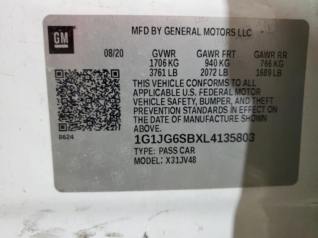 1G1JG6SBXL4135803 2020 Chevrolet Sonic