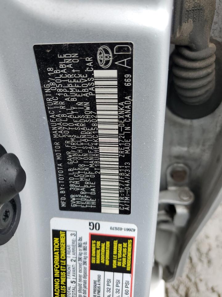 2019 Toyota Corolla L VIN: 2T1BURHE4KC158027 Lot: 66762794