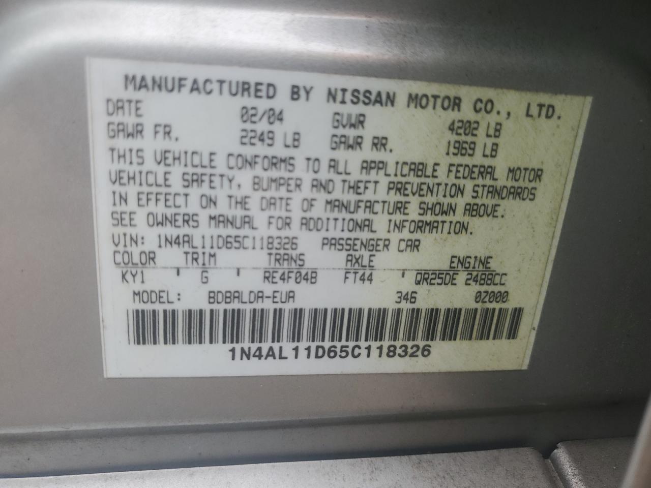 2005 Nissan Altima S VIN: 1N4AL11D65C118326 Lot: 66232494