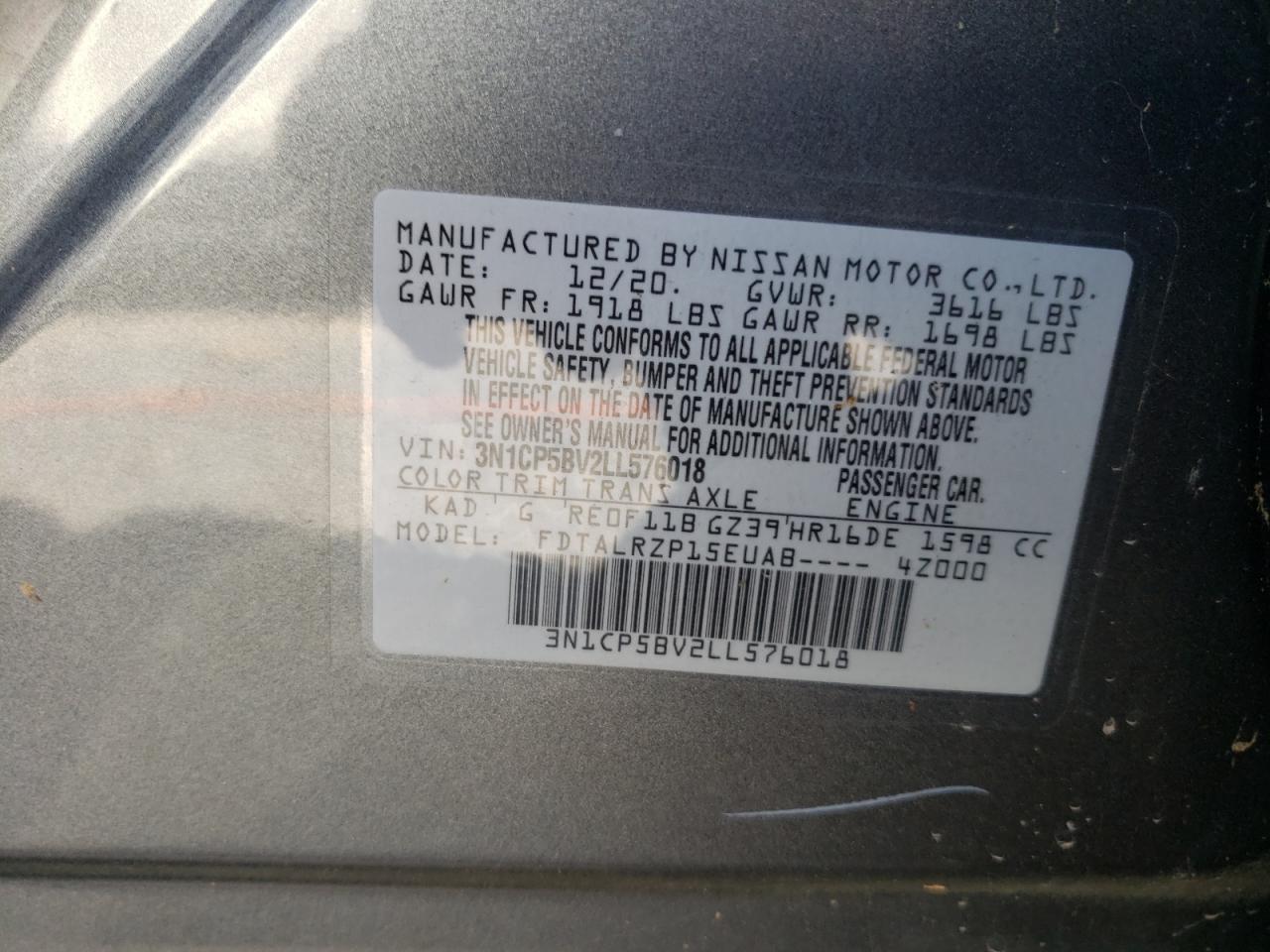 2020 Nissan Kicks S VIN: 3N1CP5BV2LL576018 Lot: 66756434