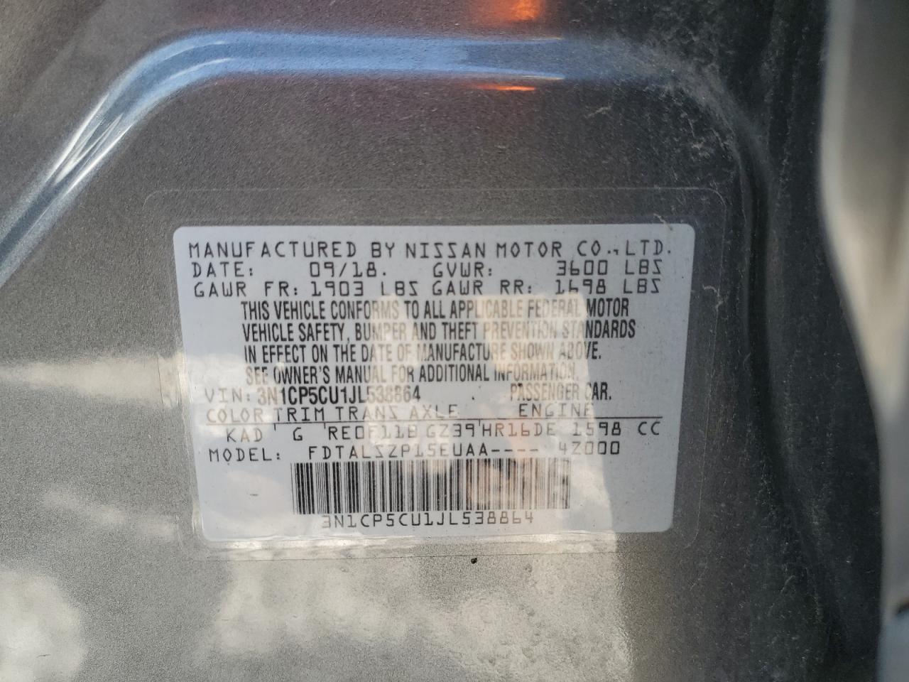 2018 Nissan Kicks S VIN: 3N1CP5CU1JL538864 Lot: 68058374