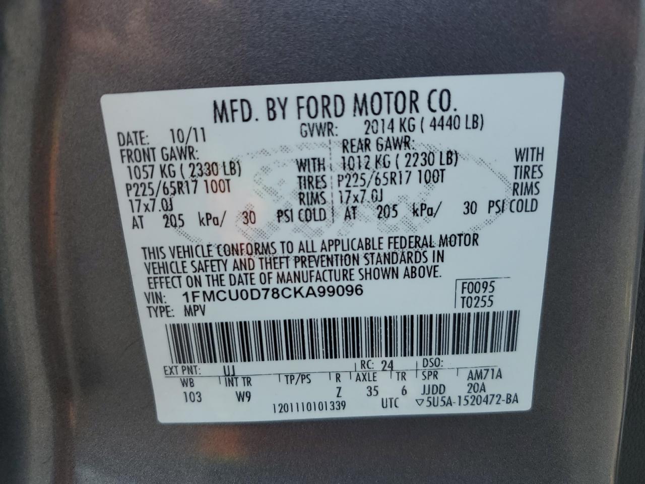 2012 Ford Escape Xlt VIN: 1FMCU0D78CKA99096 Lot: 64719294