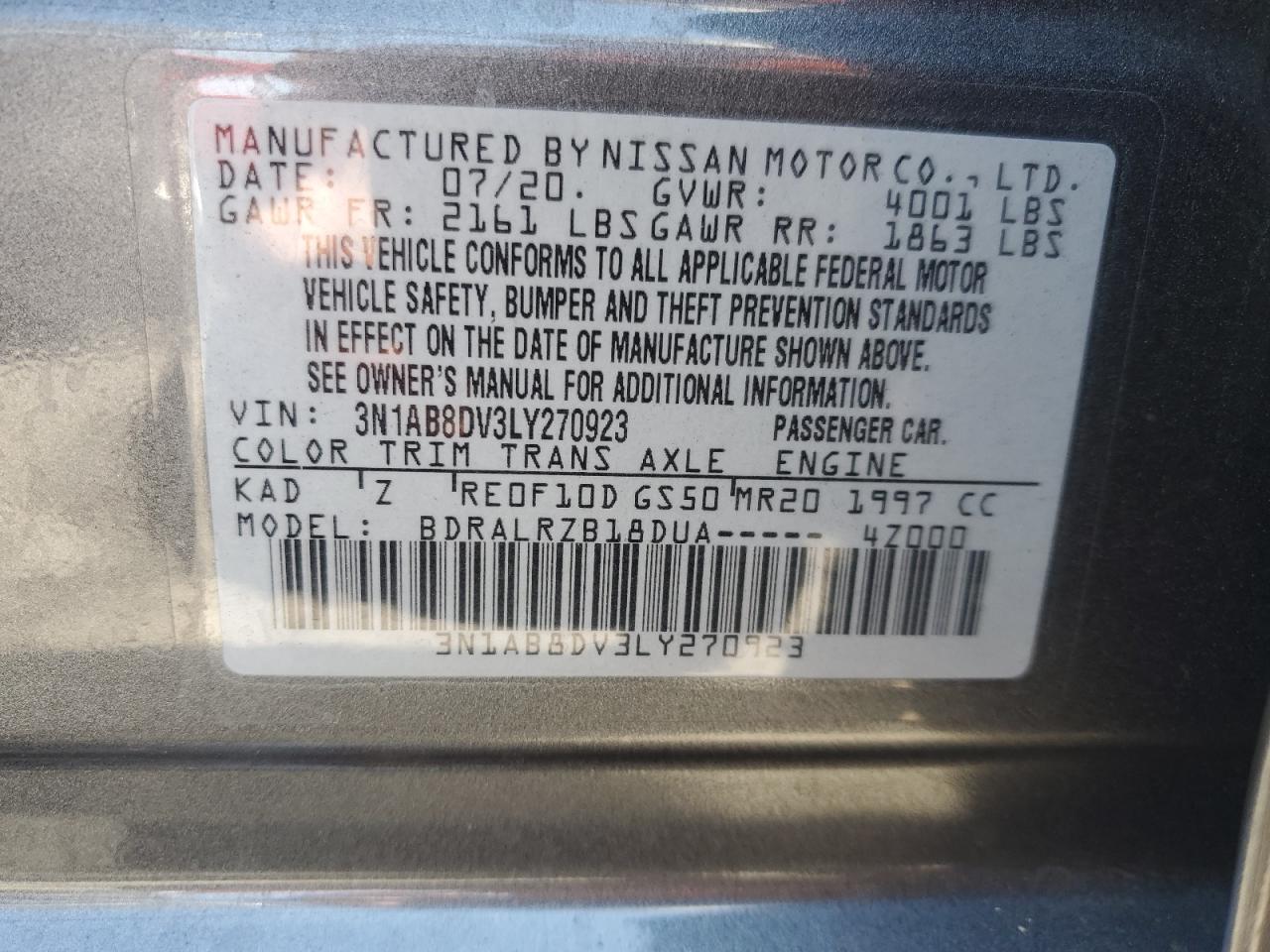 3N1AB8DV3LY270923 2020 Nissan Sentra Sr