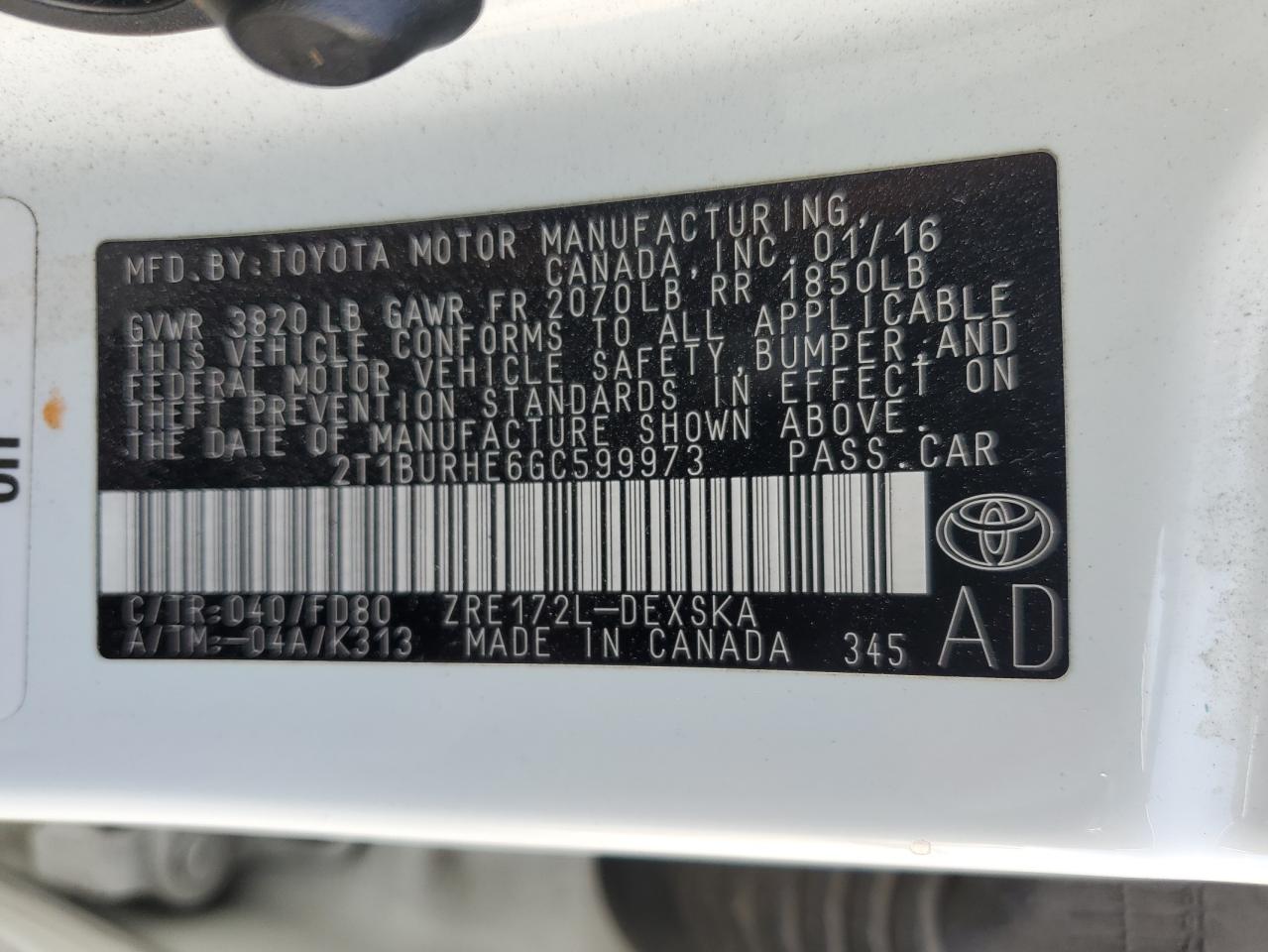 2T1BURHE6GC599973 2016 Toyota Corolla L