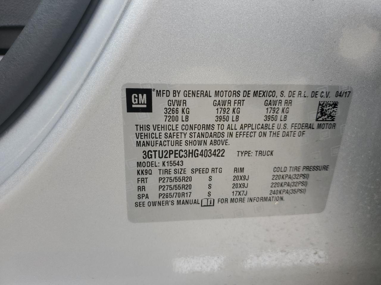 2017 GMC Sierra K1500 Denali VIN: 3GTU2PEC3HG403422 Lot: 66015524