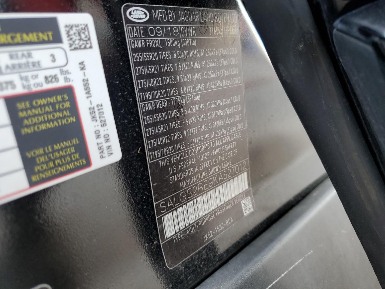 2019 Land Rover Range Rover Supercharged VIN: SALGS2RE9KA527012 Lot: 65411784