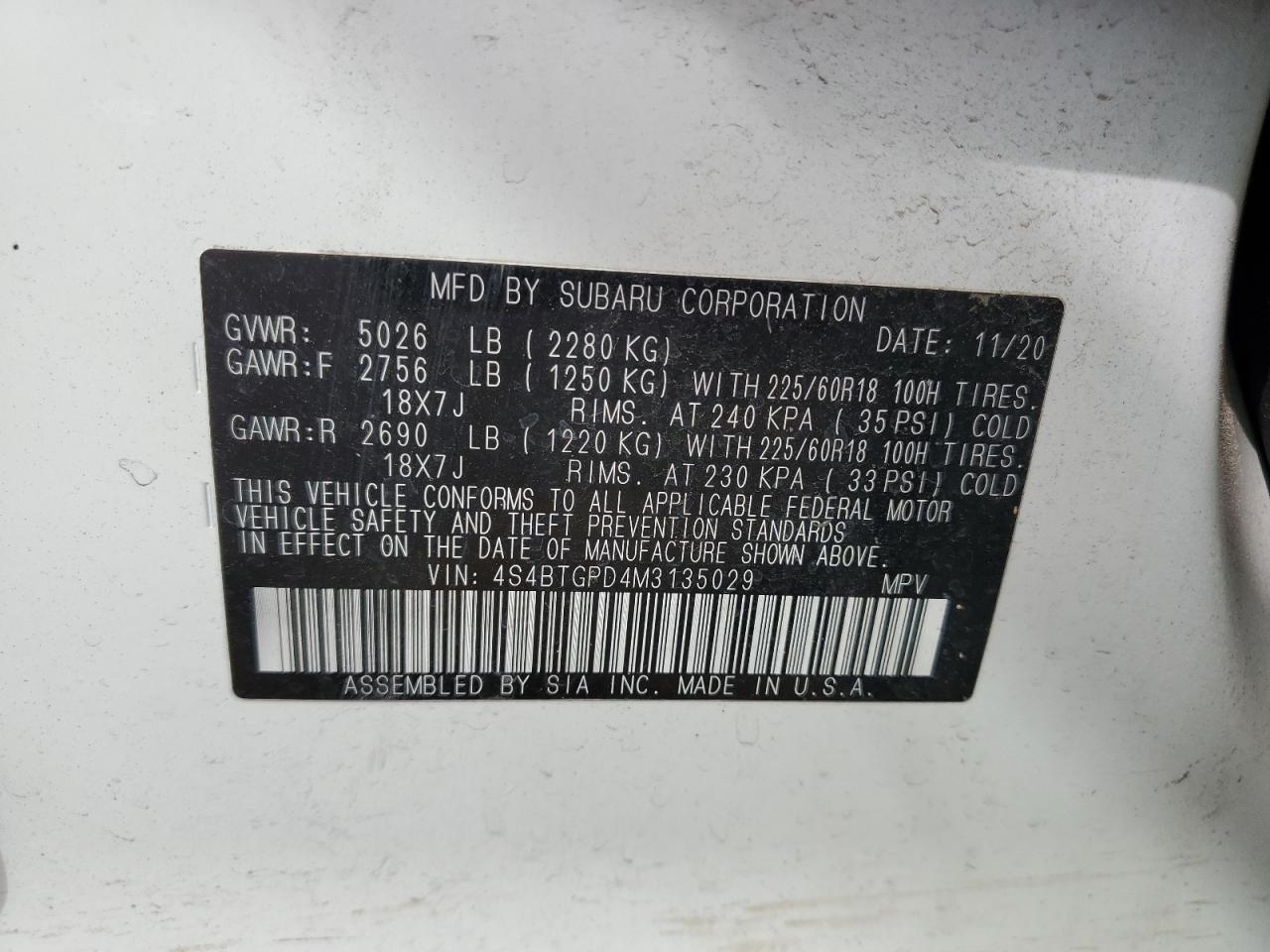 4S4BTGPD4M3135029 2021 Subaru Outback Touring