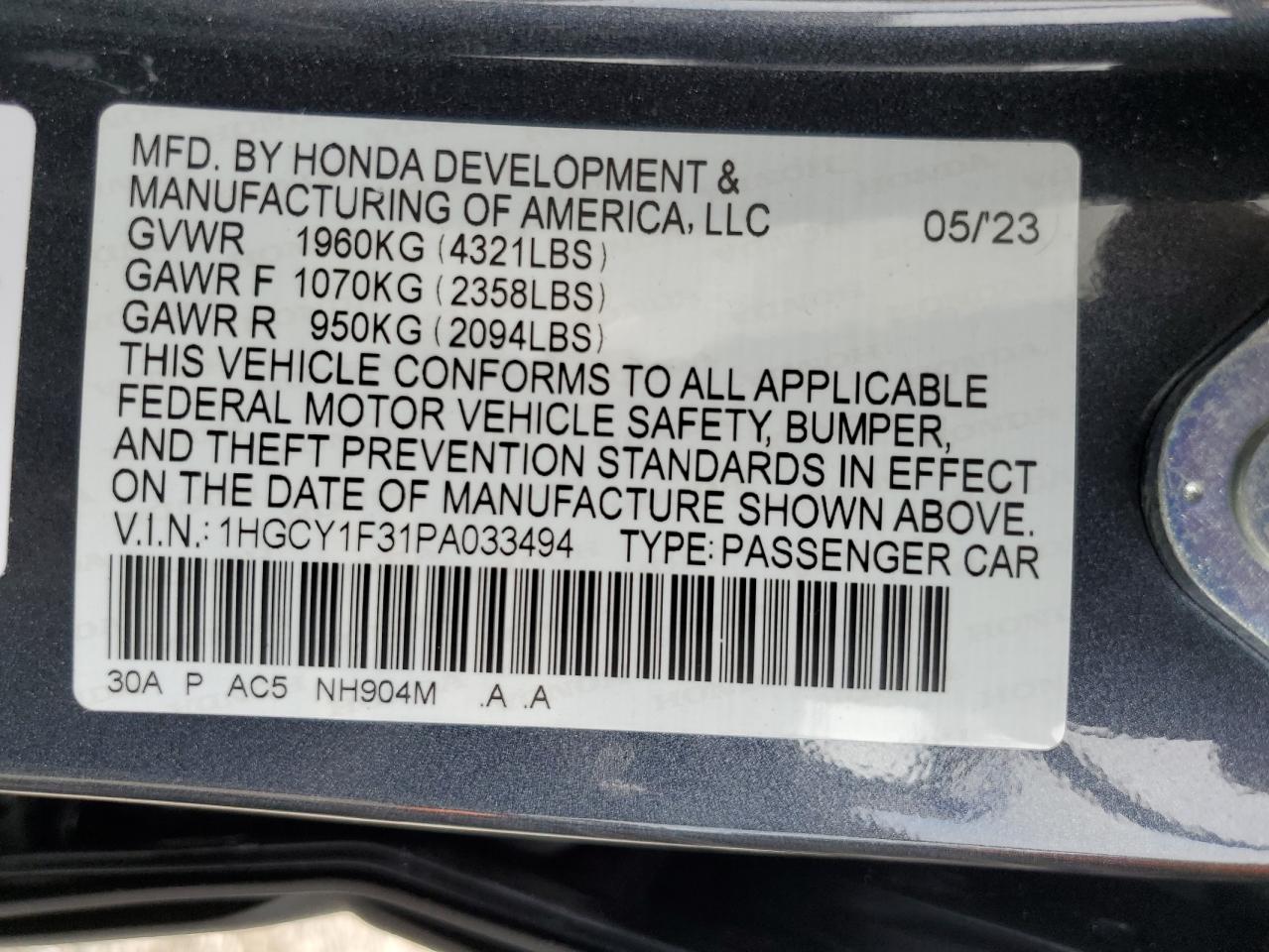 2023 Honda Accord Ex VIN: 1HGCY1F31PA033494 Lot: 69259274