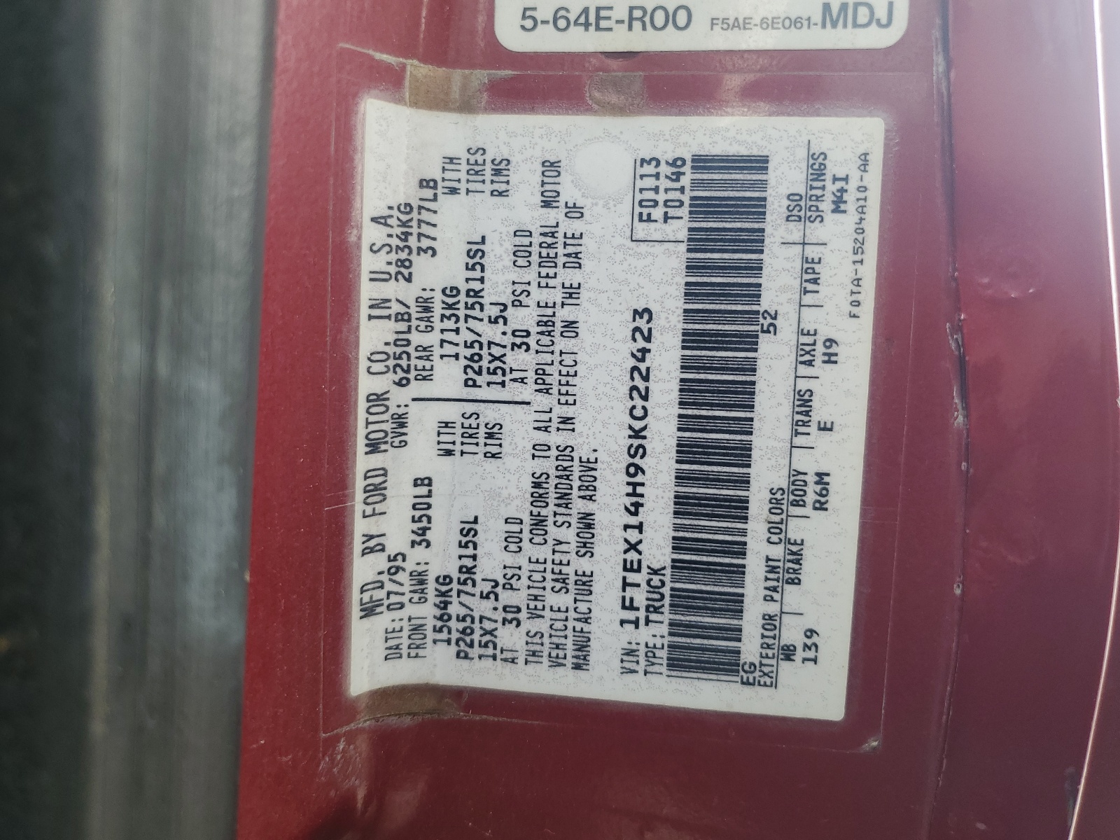 1FTEX14H9SKC22423 1995 Ford F150