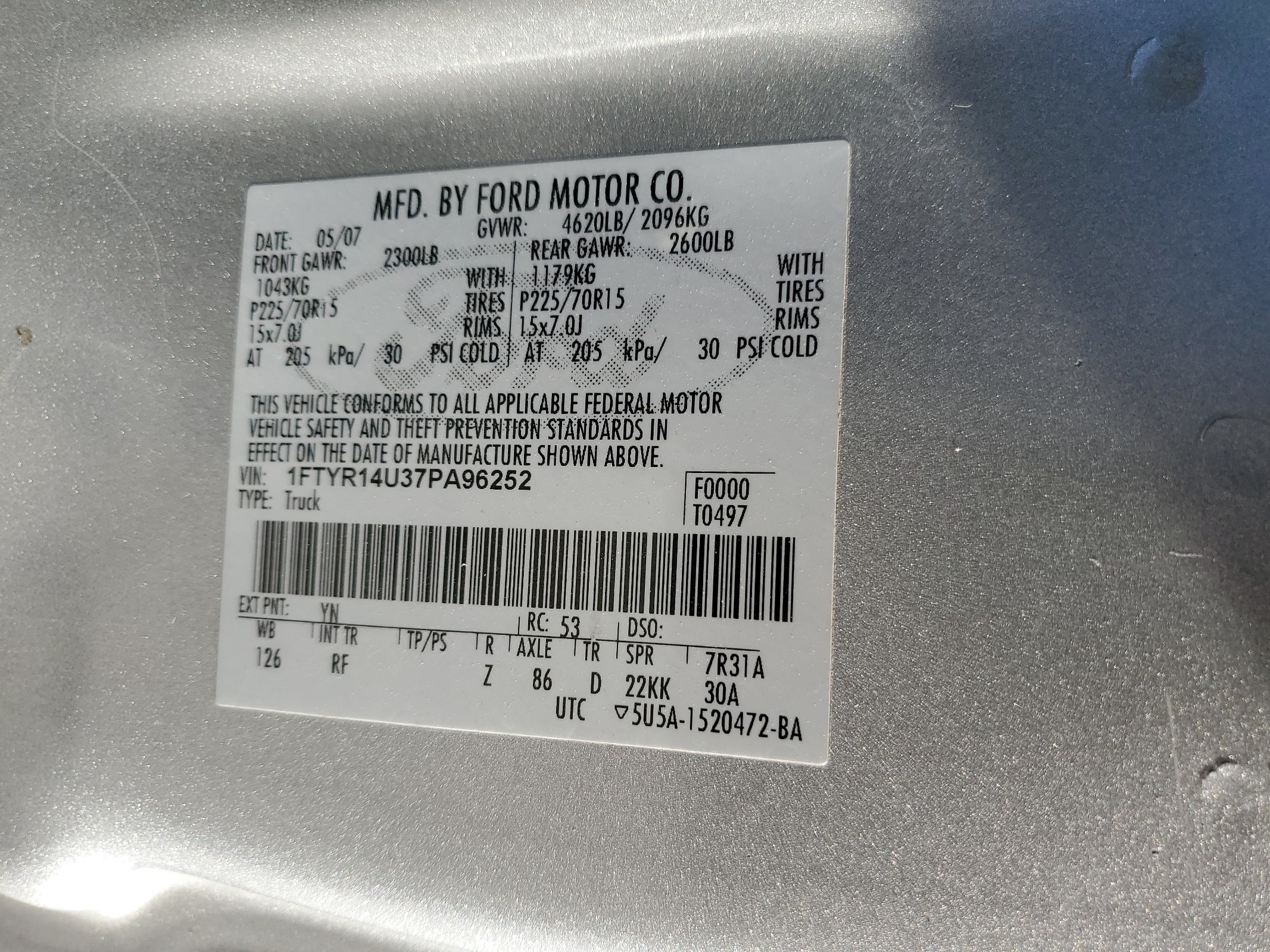 1FTYR14U37PA96252 2007 Ford Ranger Super Cab